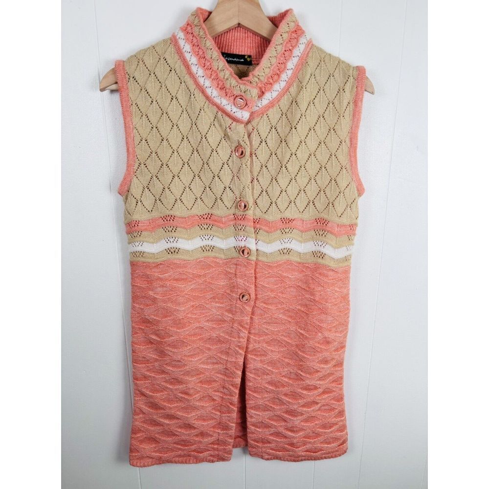 Vintage 70s Crochet Knit Button Down Tunic Length Cardigan‎ Peach Tan Size Small